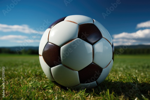 A vibrant soccer ball sits gracefully on a lush green field, gazing up at the endless sky above, ready for an exhilarating game of skill and passion