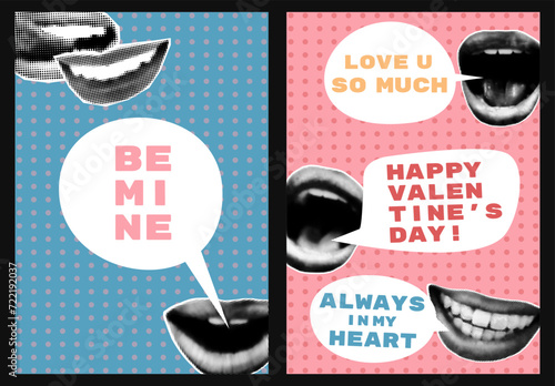 Valentines day halftone collage cards set. Lips with speech bubbles and text. Modern retro posters, postcards, banner templates, pop art vector illustration