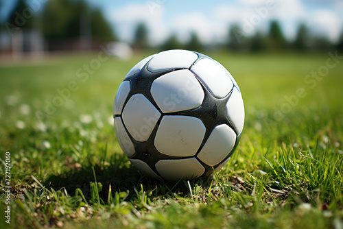 A perfectly round football rests on the lush green grass, ready for a thrilling game of soccer on the open field © LifeMedia