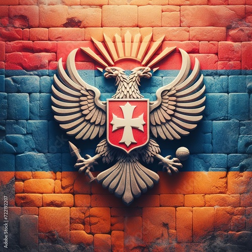 Armenia flag overlay on old granite brick and cement wall texture for background use photo