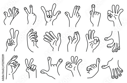  Collection of gesture signs from human hands. A set of fingers showing emotions. line gesture finger design elements. communication expressions with hand sign in doodle style. vector editable stroke photo