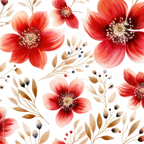 Red several pattern flower, sketch, illust, abstract watercolor, flat design, white background