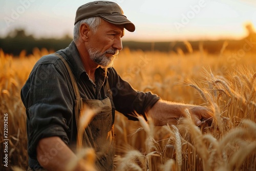 A solitary man stands tall in a vast field of golden wheat  his worn hat shielding his face from the bright sky as he tends to his bountiful crop  a symbol of the unbreakable connection between human