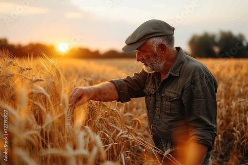 A solitary farmer gazes at the endless expanse of wheat, bathed in the warm glow of the setting sun, a symbol of his hard work and connection to nature
