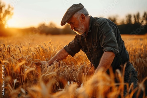 A solitary figure stands among the golden waves of wheat  gazing up at the vibrant sunset sky  embodying the hardworking spirit of agriculture in this bountiful field