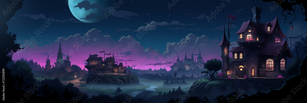Dark Mysterious Village. Background image 3808x1280 pixels. Neo Game Art 002