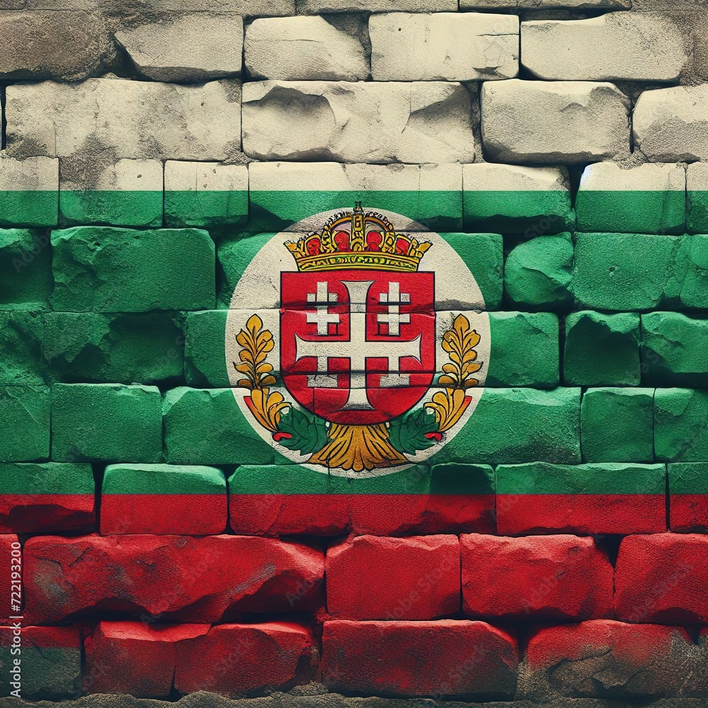 Bulgaria flag overlay on old granite brick and cement wall texture for background use