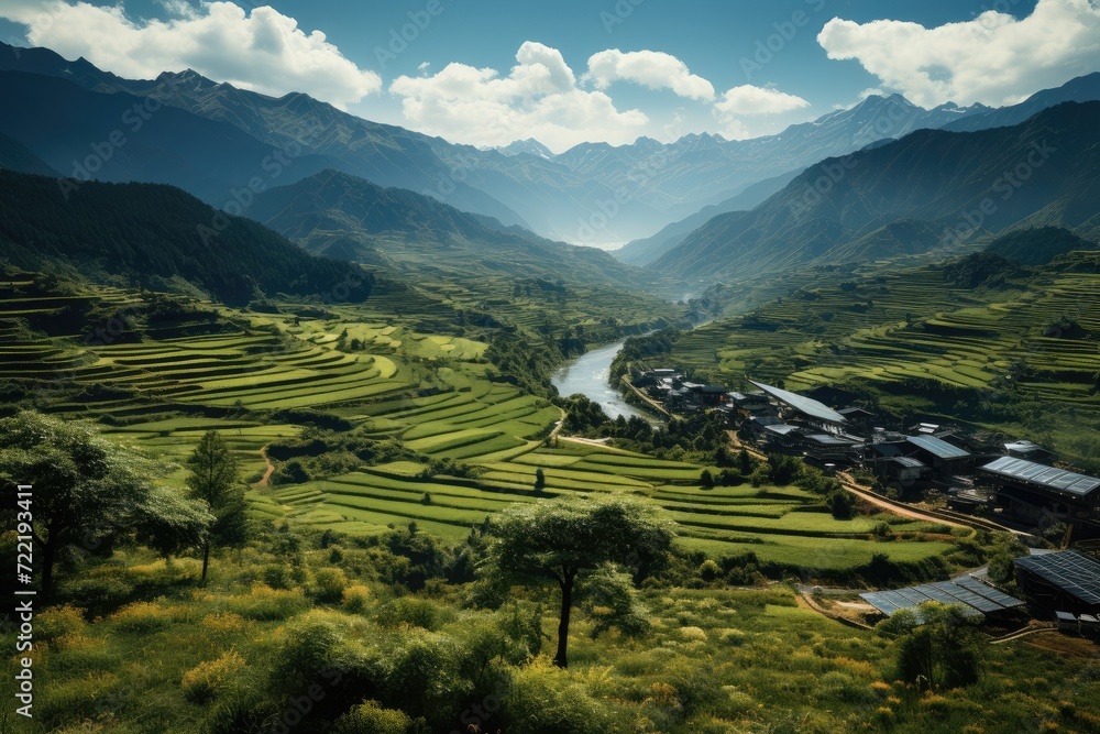 Immerse yourself in the lush, serene landscape of a highland valley, where mountains tower over a tranquil river and fields of green grass sway under a vibrant sky - obrazy, fototapety, plakaty 