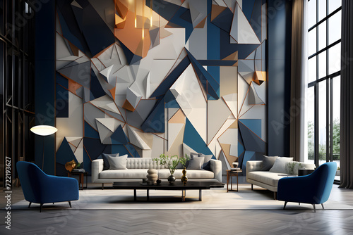 Living room with a striking wall-mounted mosaic ornament © sugastocks