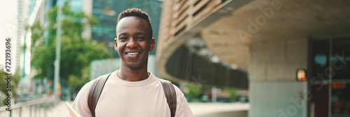 Foto Young african student stands outside of university, looks at the camera and smil