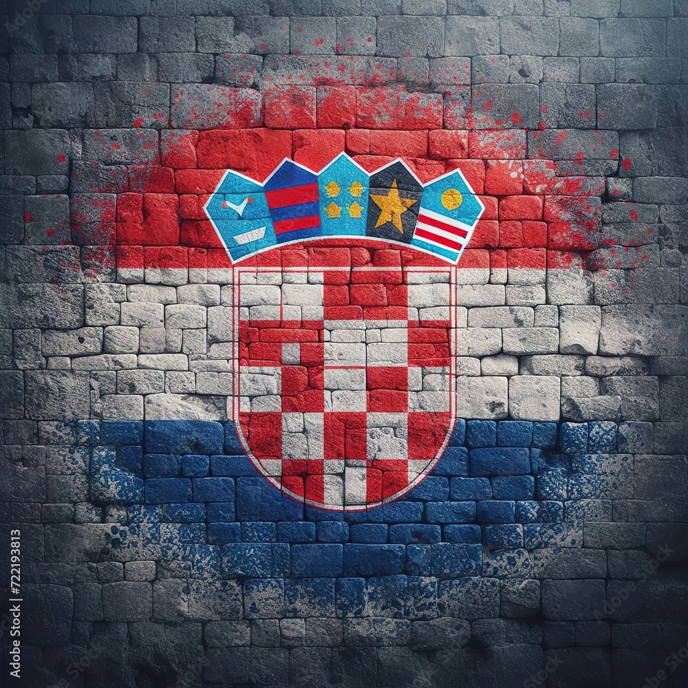 Croatia flag overlay on old granite brick and cement wall texture for background use
