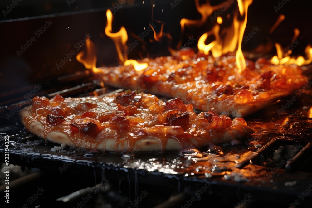 A fiery fusion of flavors as a succulent pizza is grilled to perfection over a blazing barbecue flame, evoking feelings of excitement and anticipation for this mouthwatering dish A fiery fusion of flavors as a succulent pizza is grilled to perfection over a blazing barbecue flame, evoking feelings of excitement and anticipation for this mouthwatering dish