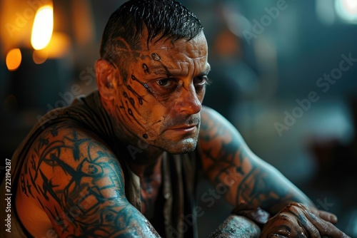 A striking portrait of a man with bold facial tattoos, revealing a complex story etched onto his flesh