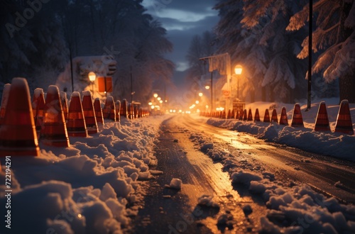 As the moon hangs high in the frigid winter sky, a desolate street lies covered in a thick blanket of snow, reflecting the piercing streetlights and evoking a sense of icy isolation