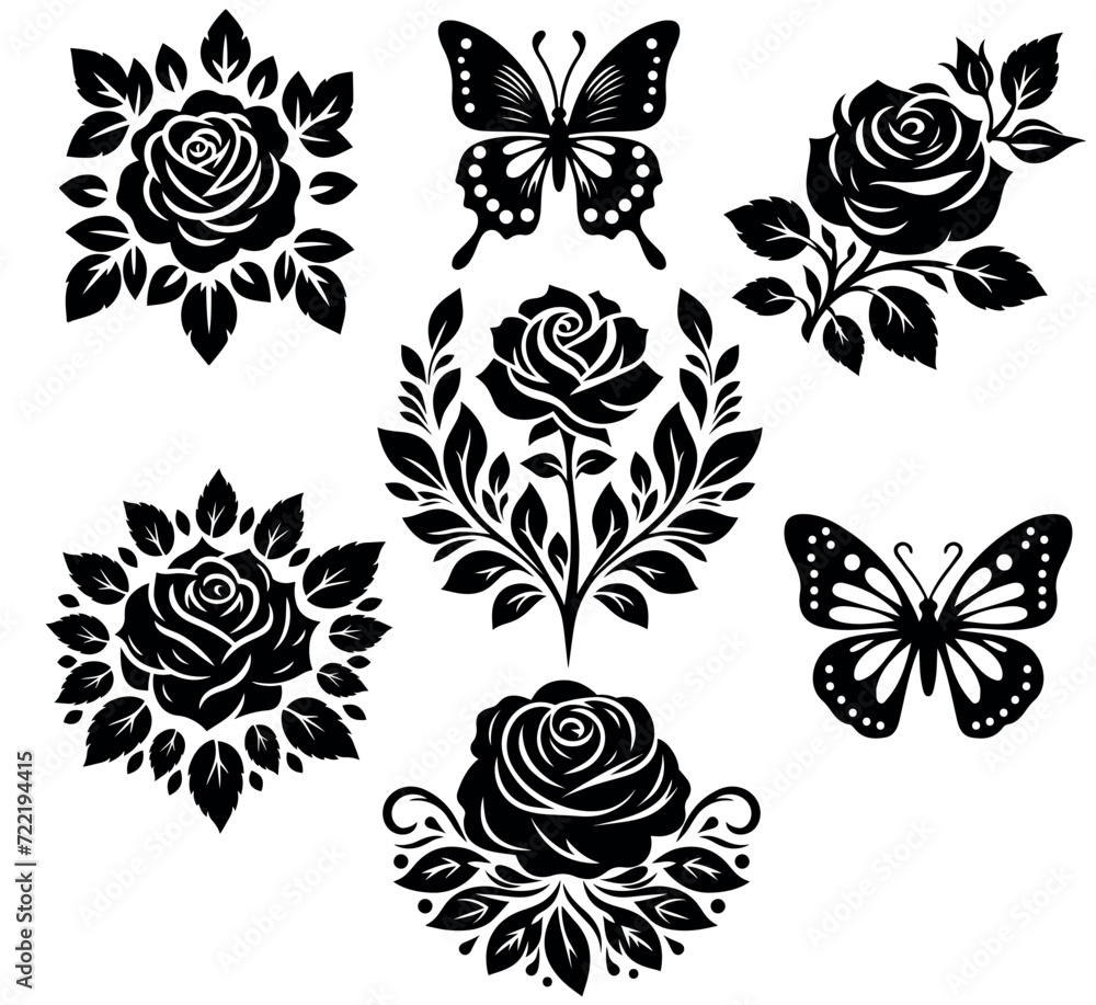Set of silhouettes of roses and butterflies.  Templates Rose .