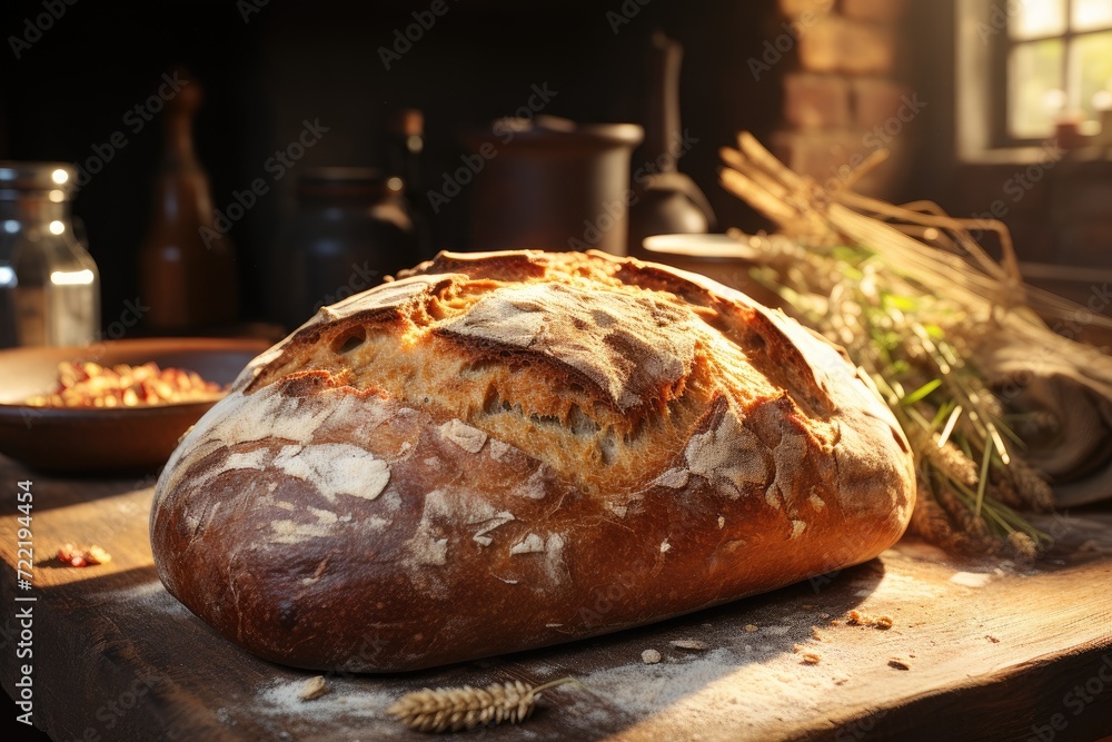 A rustic loaf of freshly baked sourdough sits on a wooden table, evoking a sense of warmth and comfort with its hearty wheat gluten, while nearby, a variety of bread rolls and ciabatta offer a tempti
