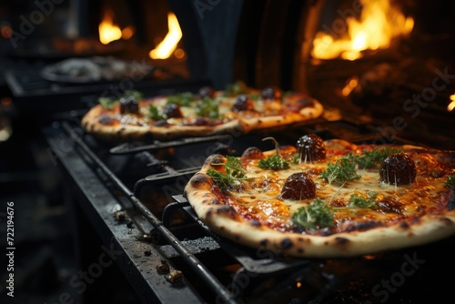 Flames dance beneath two sizzling pizzas, creating a tantalizing dish of fast food cuisine on the indoor grill, with gooey cheese melting over perfectly baked goods