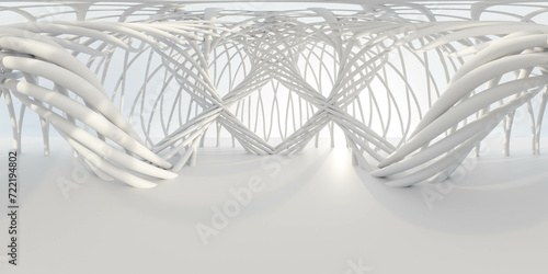 futuristic abstract Metal Structure With white ground and organic wire frame building structure 3d render illustration 360 panorama vr environment map #722194802
