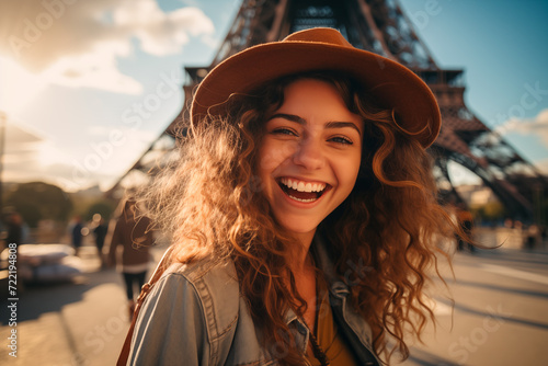 Selfie or portrait of a happy female tourist in france with the eiffel tower in the background. Generative AI © Lucas
