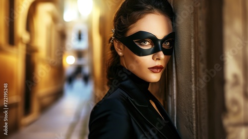Beautiful brunette woman wearing black mask. Beauty, fashion. © Hryhor Denys