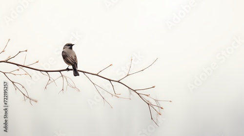 A solitary bird perched on a branch against a stark white background. photo