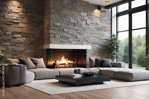 modern living room interior with stone wall and fireplace in luxury home © Dhiandra