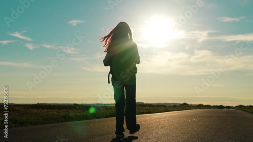 girl traveling with backpack sunset, family sun, hiking girl asphalt road, hipster millennial girl sunset raising her hands air, happy woman running sunset, woman traveler with raised hands, beautiful photo
