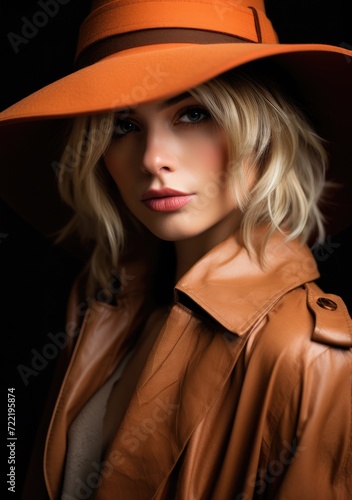 A woman stands confidently wearing a brown hat and trench coat, exuding a sense of style and sophistication.