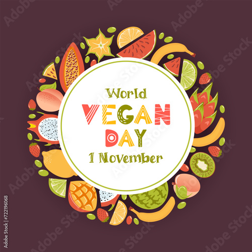 World vegan day. Banner in cartoon style. A wreath of fresh tropical exotic fruits, harvesting. Fresh lemon, lime wedges, watermelon, pitahaya dragon, star fruit, papaya, mango and kiwi. Peach Fuzz.