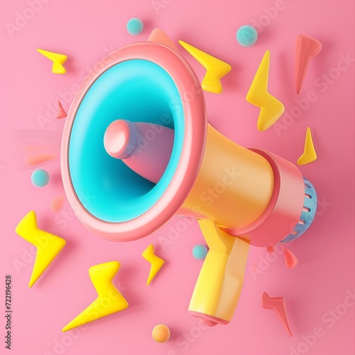 Playful cartoon megaphone with pastel hues and vibrant lightning bolts, perfect for a fun and engaging communication or announcement theme.