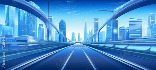 Futuristic cityscape with modern architecture and a sleek highway flyover in a monochromatic blue palette  depicting advanced urban development and transportation.