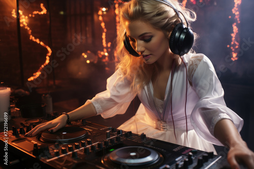 A woman wearing headphones is seen in her home studio, skillfully mixing music with the use of professional audio equipment.
