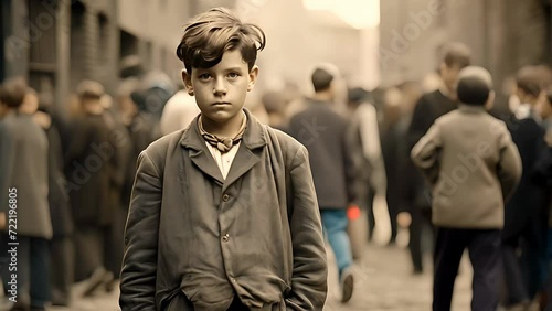 A boy standing on the street and crowd moving in background. Vintage 1900s style. photo