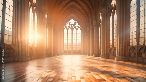 Walking inside of a gothic cathedral with wooden floor and carved stone columns photo