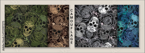 Set of camouflage seamless patterns with skulls, roses, splattered paint, halftone shapes. Dense chaotic composition For apparel, fabric, textile, sport goods Grunge texture
