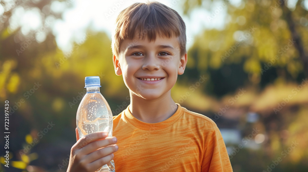 Cute boy holding a bottle of clean water in his hand
