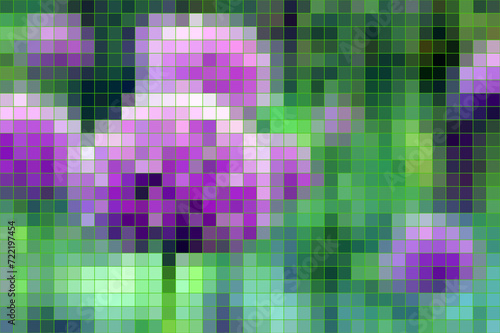 Różowo - lawendowe kuliste kwiaty w ogrodzie, witraż, geometryczna mozaika. Kolorowa ilustracja do projektu