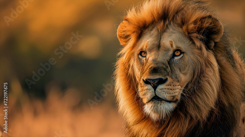 Portrait of a strong male lion in the jungle. AI Generative