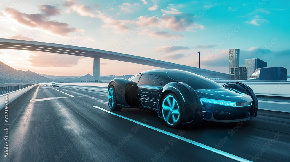 Futuristic EV Car on Highway, Luxury Sports Vehicle with Autonomous Driving