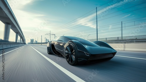 Futuristic EV Car on Highway, Luxury Sports Vehicle with Autonomous Driving © Jiraphiphat