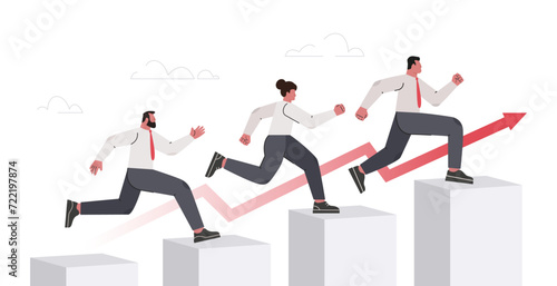 Career growth concept. Business goal achievement. Office workers characters run up the stairs diagram. Career ladder progress and advancement. Flat vector illustration.