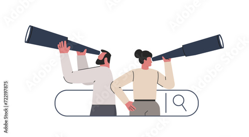 Web search. Man looking through binoculars and woman through spyglasses. Business metaphore for web searching. SEO concept. Flat vector illustration isolated on white background.