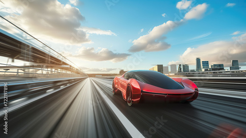 Futuristic EV Car on Highway  Luxury Sports Vehicle with Autonomous Driving