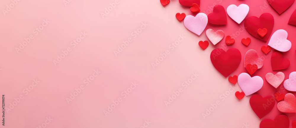 Valentine's day background with red and pink hearts on pink background. Banner. Valentine's day background with red and pink hearts on pink background. Banner.