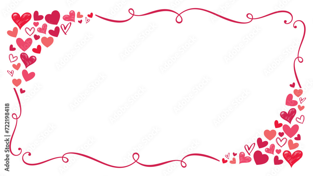 Frame with hearts, heart outline clipart, pink, red, Valentines day border, heart shape background, doodle, scribble, vector for Happy Valentine's day, banner, poster, card, wrapper, label, gift tags