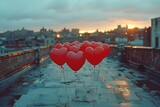 Slow-motion footage of heart balloons being released from a rooftop