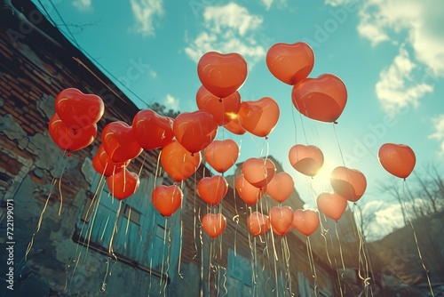 Slow-motion footage of heart balloons being released from a rooftop