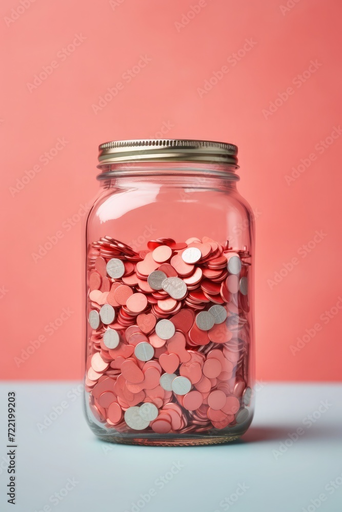 Glass jar with red hearts on a blue and pink background. Valentine's day concept. Glass jar with red hearts on a blue and pink background. Valentine's day concept.