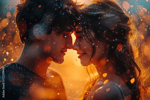 Slow-motion shot of heart-shaped confetti falling on a couple in love, natural lighting