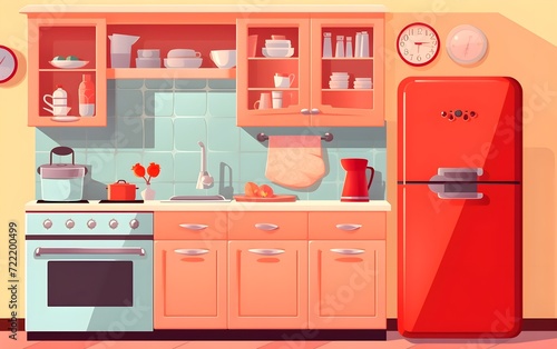 Retro colored kitchen interior сozy cartoon vector illustration